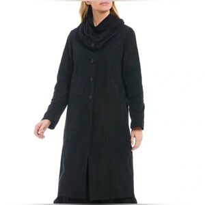 Bryn Walker Katerina Black Cowl neck button front coat with 4 drawstrings to hem